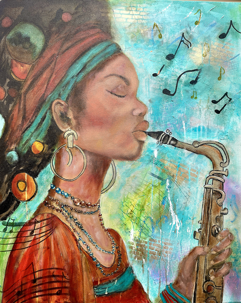 African American black woman playing instrument. Mixed media background and doodles