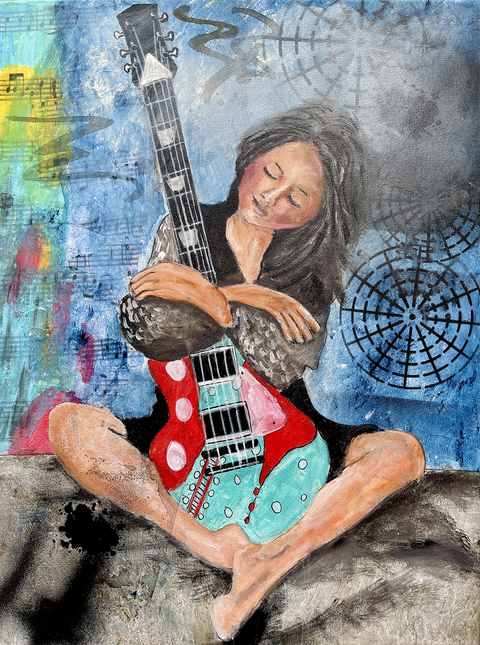 Mixed Media stylized lady holding a Les Paul guitar