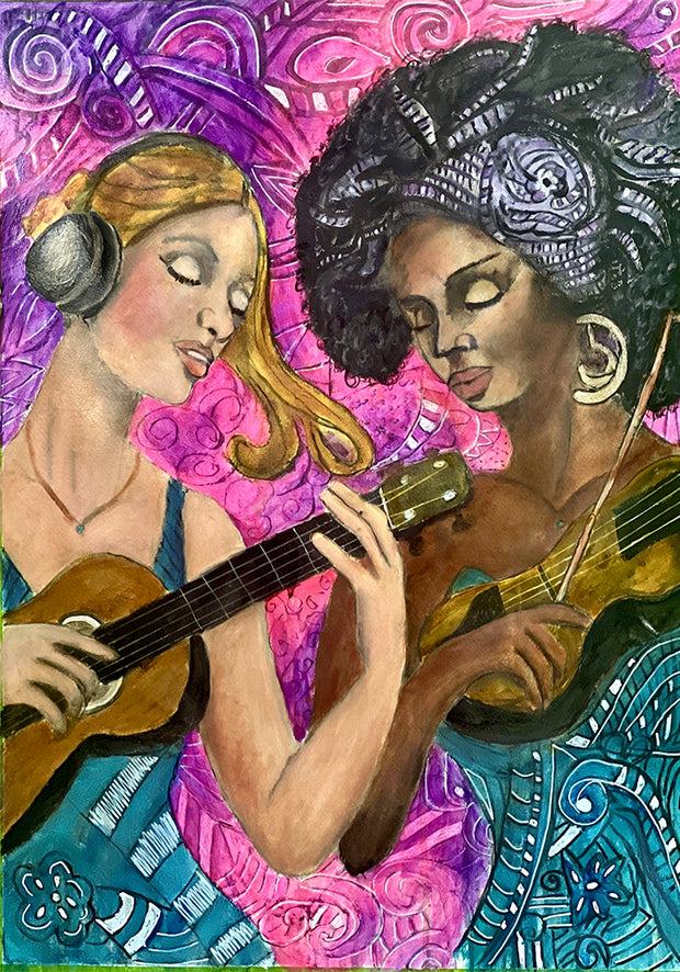 A white womand and a black hispanic woman playing music instruments. Mixed media and joyful.