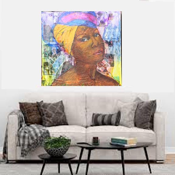 Mixed Media black woman with turban on her head